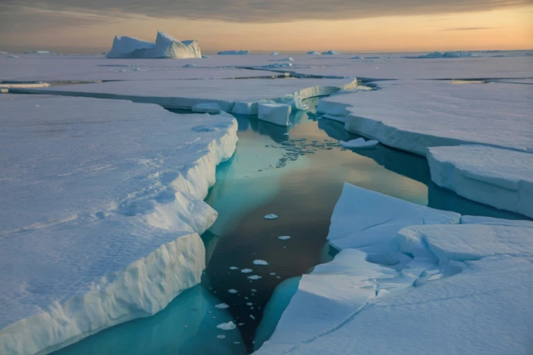 Luftaufnahme von Rissen im arktischen Meereis mit türkisfarbene Gewässer