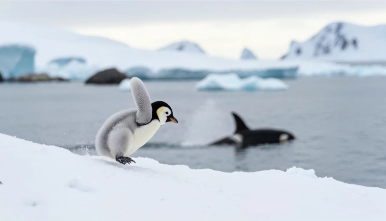 Kaiser Pinguin Küken flattert mit Orca in der Salish Sea im Hintergrund
