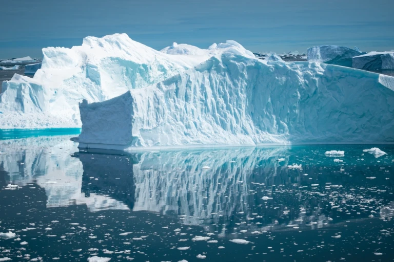 Schwimmende Eisberge, die sich im kalten Wasser unter blauem Himmel in der Antarktis spiegeln.