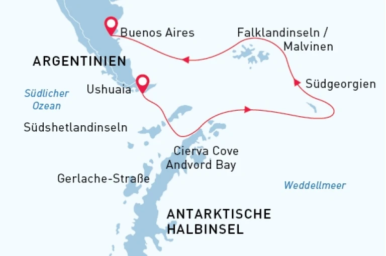 Karte expeditions kreuzfahrt route antarktis