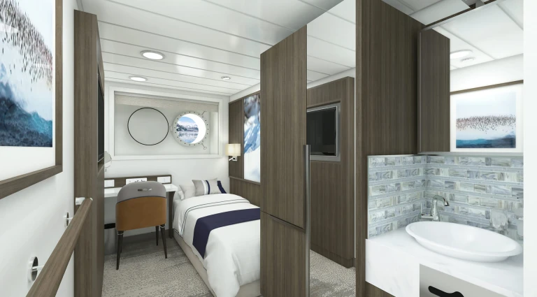 Aurora stateroom single render, douglas mawson (1)