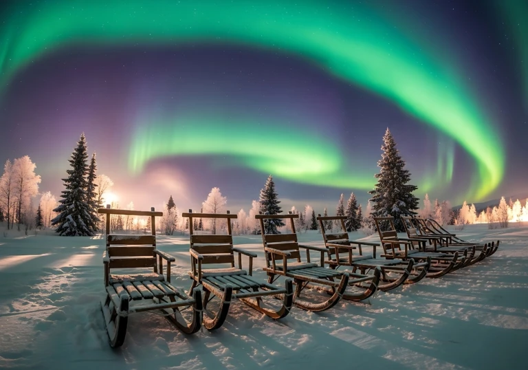 Aurora Borealis glüht auf hölzernen Schneeschlitten in Tromsø, Norwegen, perfekt für arktische Reise- und Winterlandschaftsfotografie.