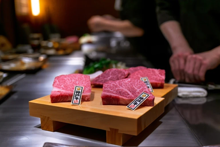 Kobe-Rindfleisch, ein Teppanyaki-Erlebnis in Japan, Reiseküche; auf Japanisch wird es als „Kobe-Rindfleisch“ geschrieben